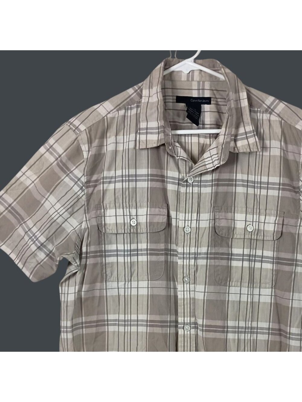 Calvin Klein Jeans Plaid Short Sleeve Shirt Mens Large Tan Vacation Dadcore